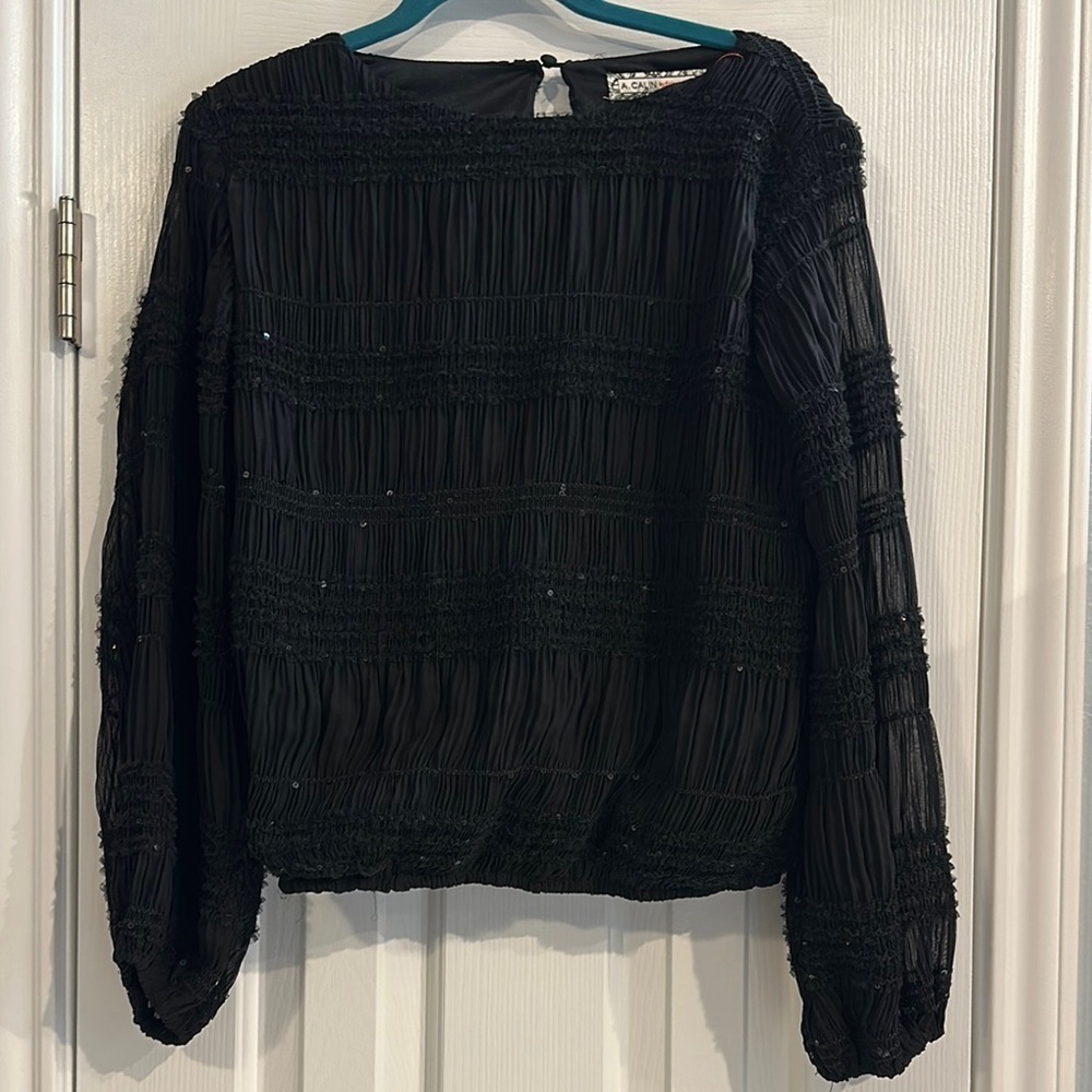A. Calin by Flying Tomato Black Smocked Long Sleeve Sequence Details Women’s S